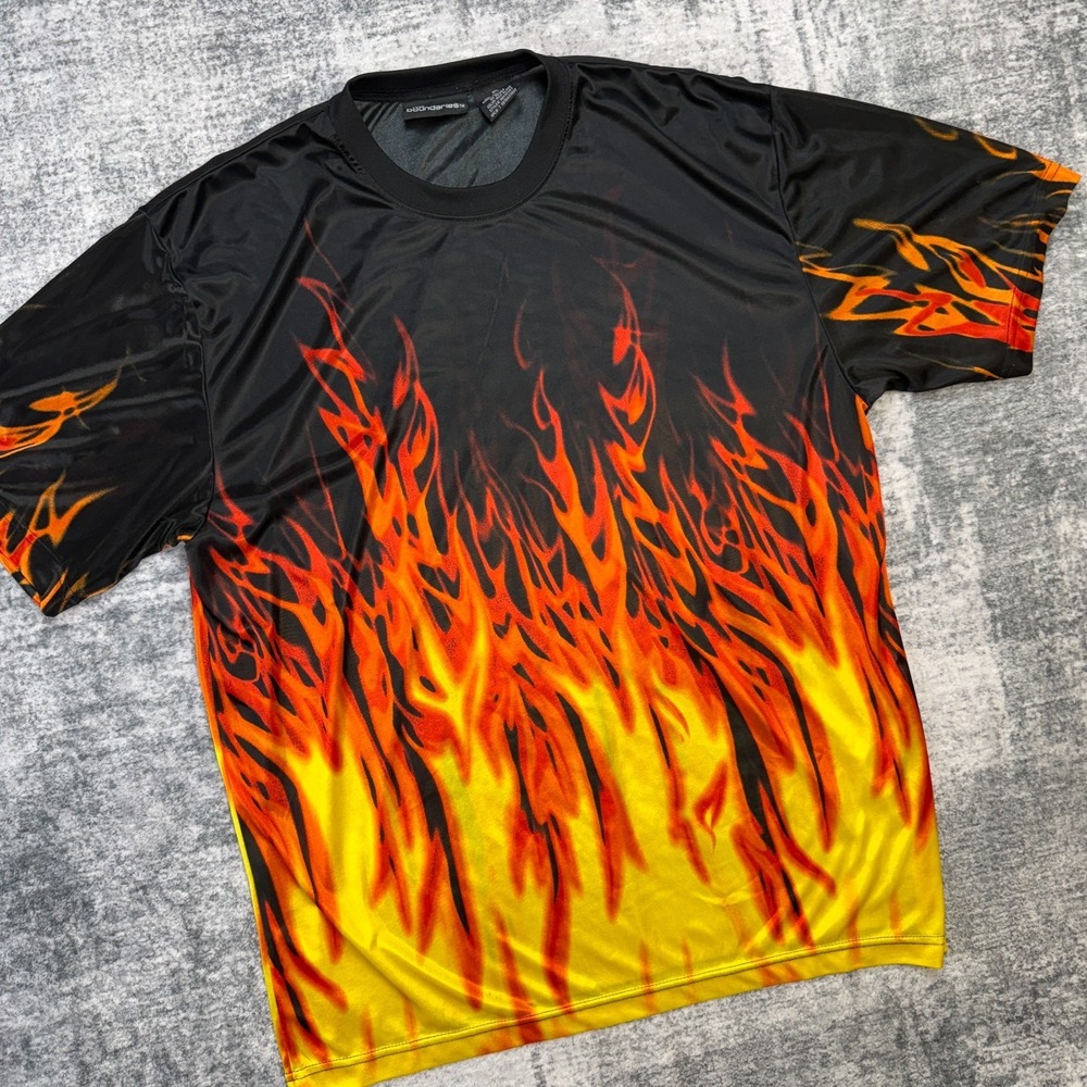 Y2K No Boundaries Flame Shirt Mens XL Sheer Polyester Goth Skater Rave Guy Fieri